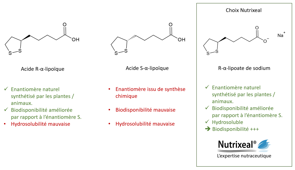 schéma comparatif R-alpha-lipoate de sodium Nutrixeal Avantages du R-alpha-lipoate de sodium en comparaison avec les formes R et S d’acide alpha-lipoïque